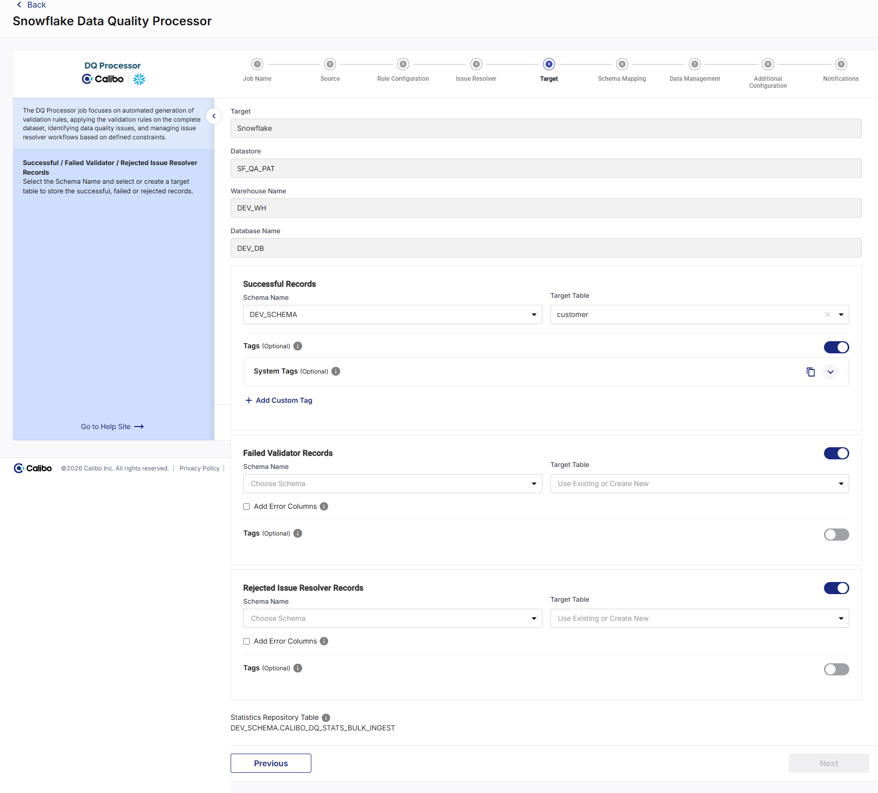 Target step of Snowflake DQ Processor job